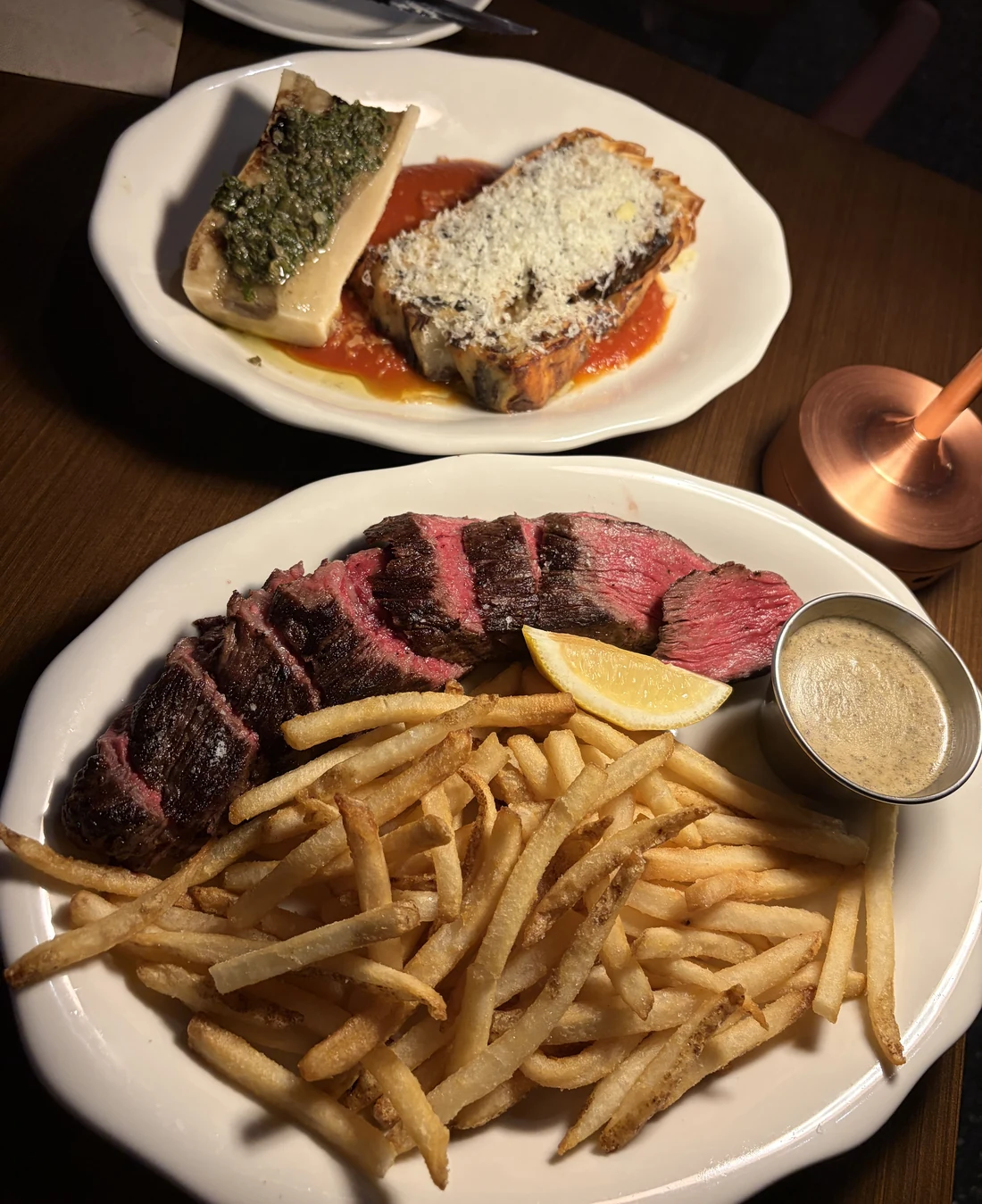 Bone marrow lasagne and steak with chips at Common Cuts, Melbourne
