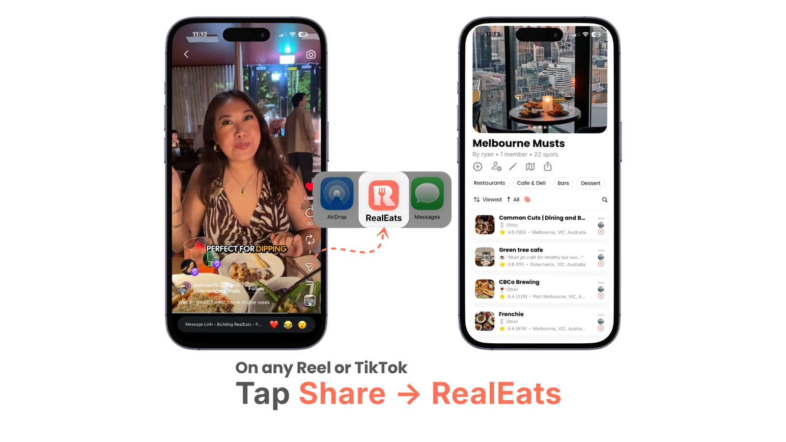 Sharing an Instagram Reel into the RealEats app, which saves the venue into a Melbourne collection