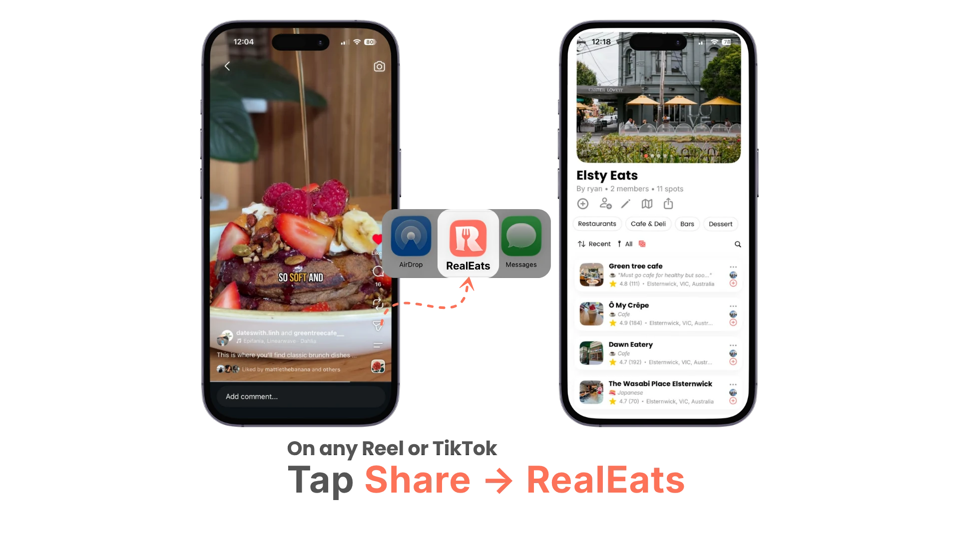 Sharing an Instagram Reel into the RealEats app, which saves the venue into a collection of Elsternwick spots