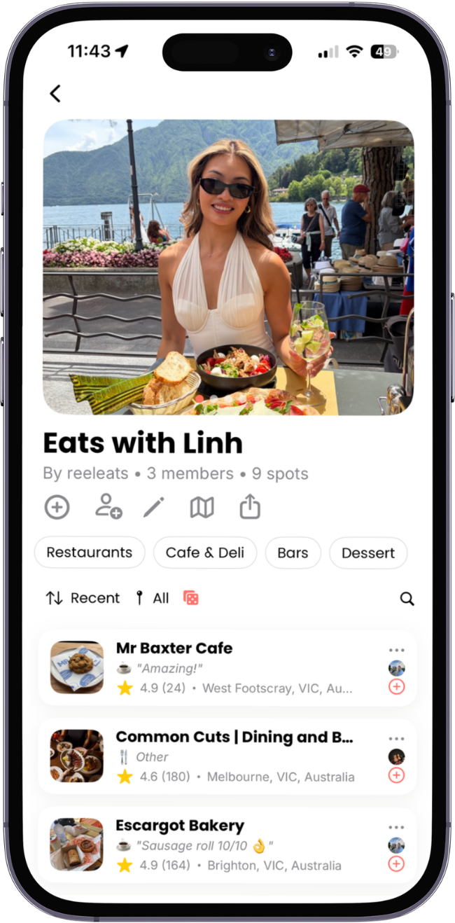 The Eats with Linh collection in the RealEats app, showing Mr Baxter Cafe, Common Cuts and Escargot Bakery