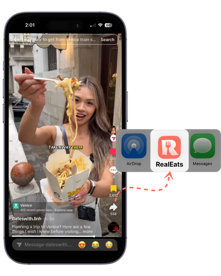 Sharing a food video straight into RealEats from the iOS share sheet