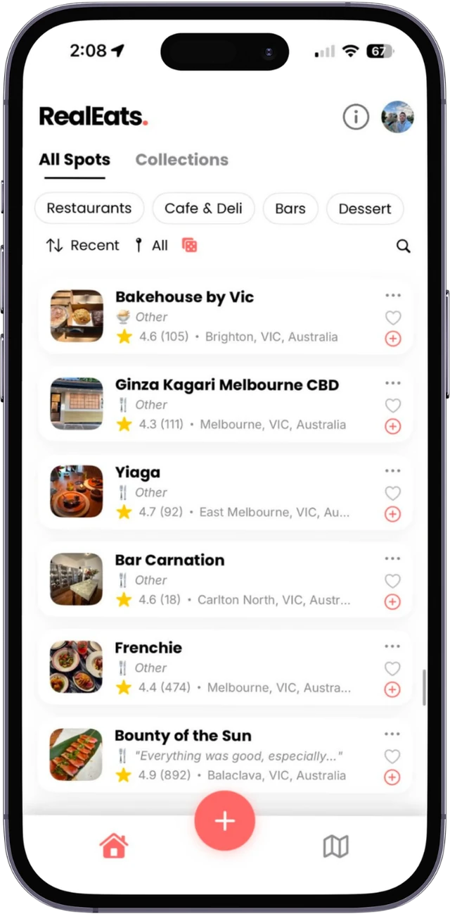 RealEats app showing a saved list of restaurants and cafes