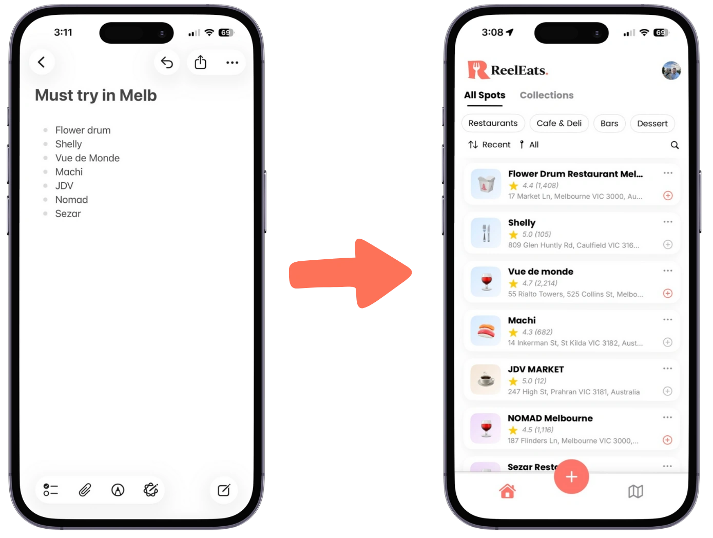 Notes list of restaurants being imported into the RealEats app