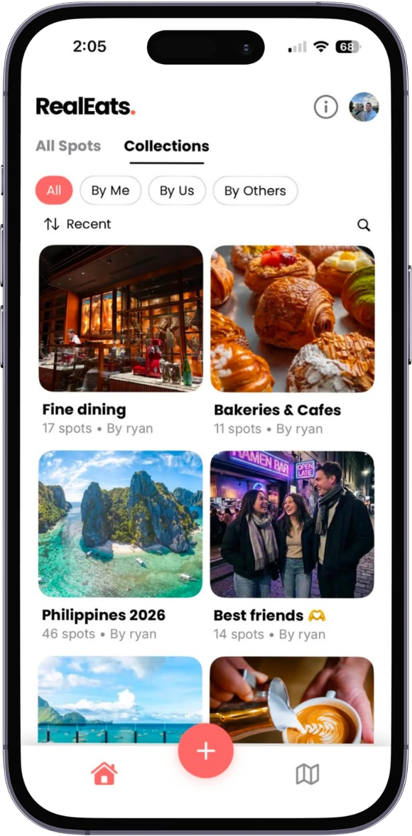 RealEats app collections grid showing curated food lists