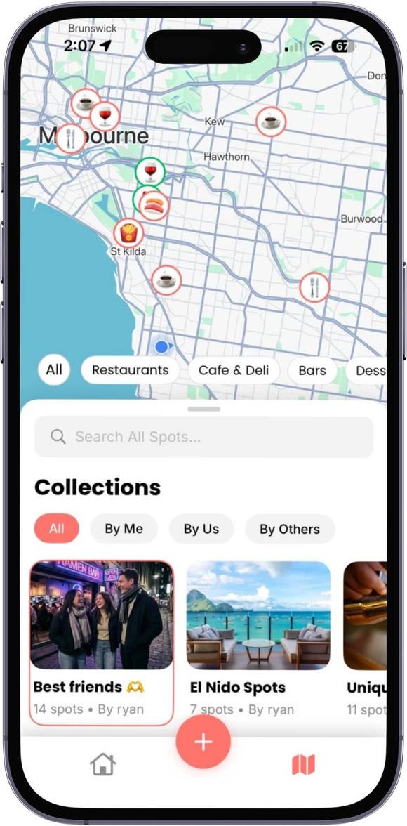 RealEats app food map with pinned restaurants across the city